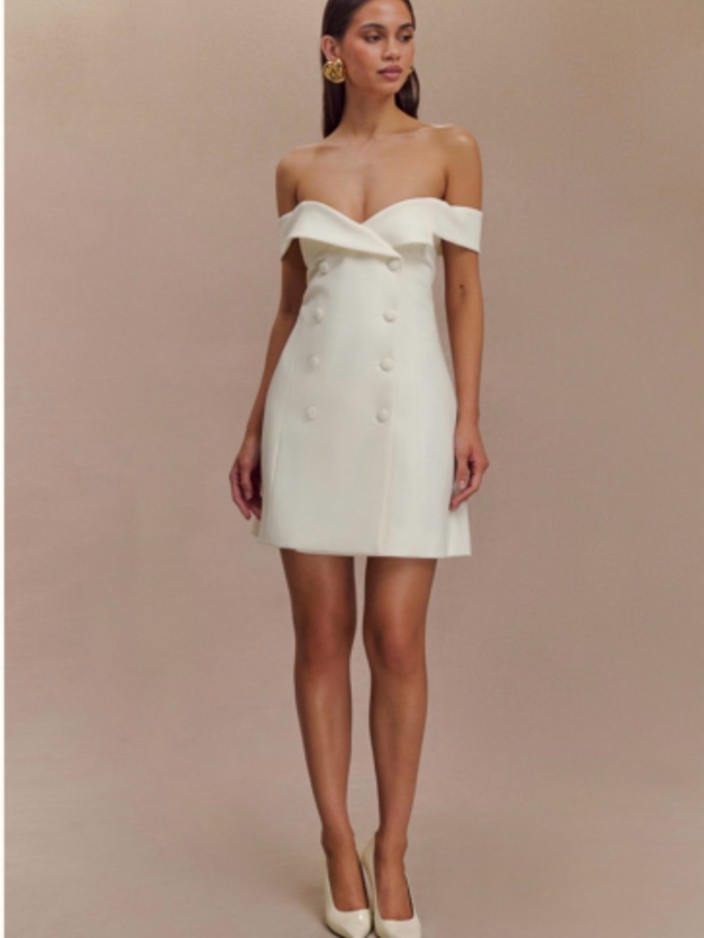 Meshki Noelle Cream Off-Shoulder Double-Breasted Mini Dress